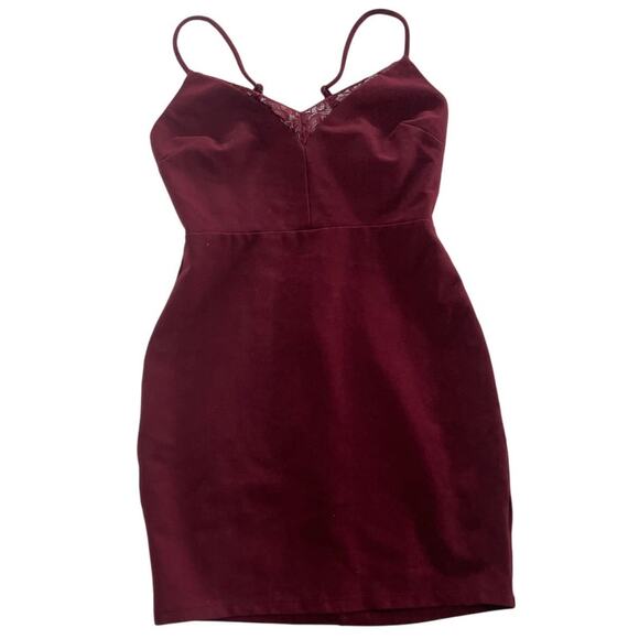 Lush Dress Womens Medium Red Maroon V Neck Lace Mini Cocktail Party - Picture 2 of 8